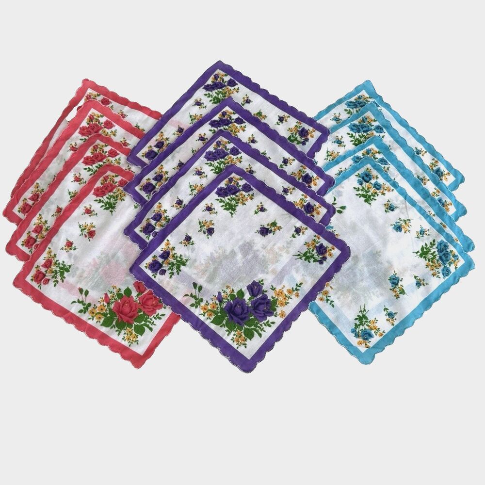 Lot of Vtg Inspired Styled Handkerchiefs Roses 11in Square Scalloped Edges NWOT